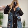 Women's Denim Patchwork Blazer with Bear Appliqué