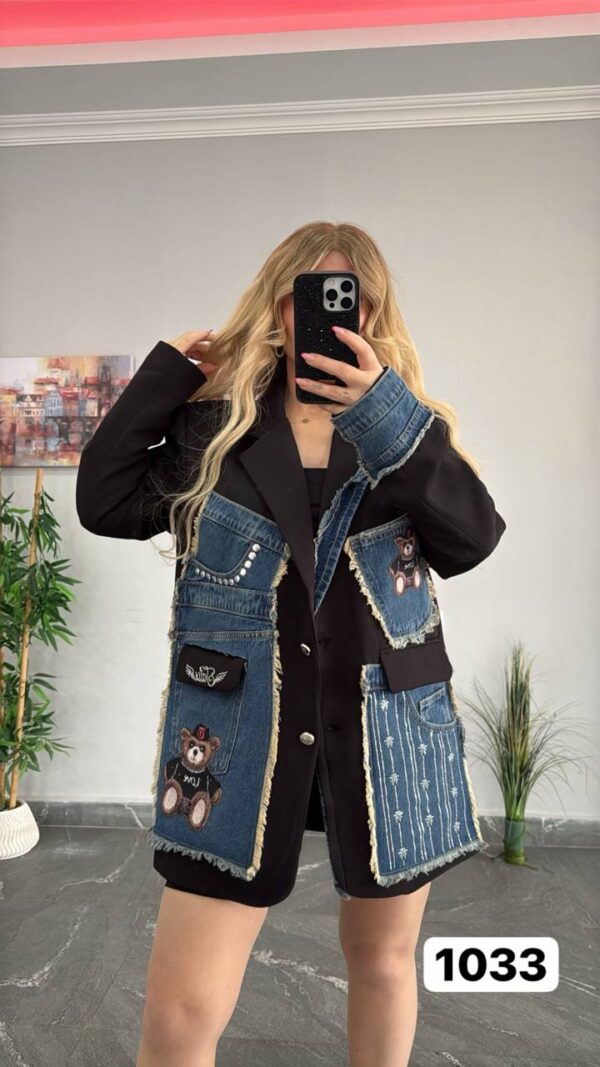 Women's Denim Patchwork Blazer with Bear Appliqué