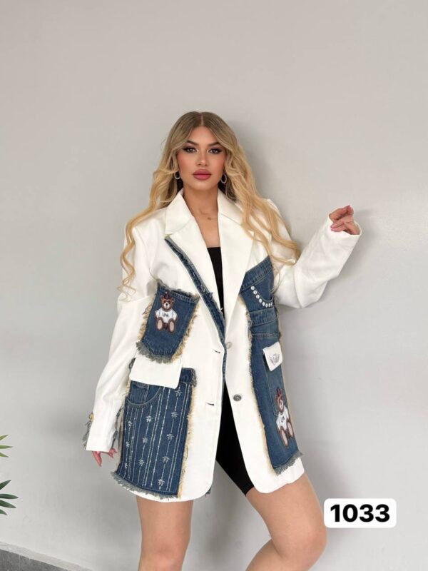 Women's Denim Patchwork Blazer with Bear Appliqué