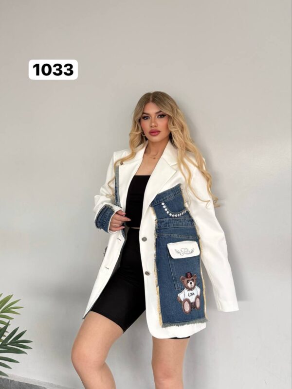 Women's Denim Patchwork Blazer with Bear Appliqué