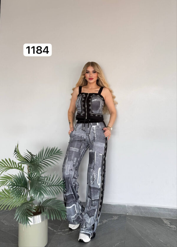 Women's Denim Patchwork Two-Piece Set Crop Top Joggers