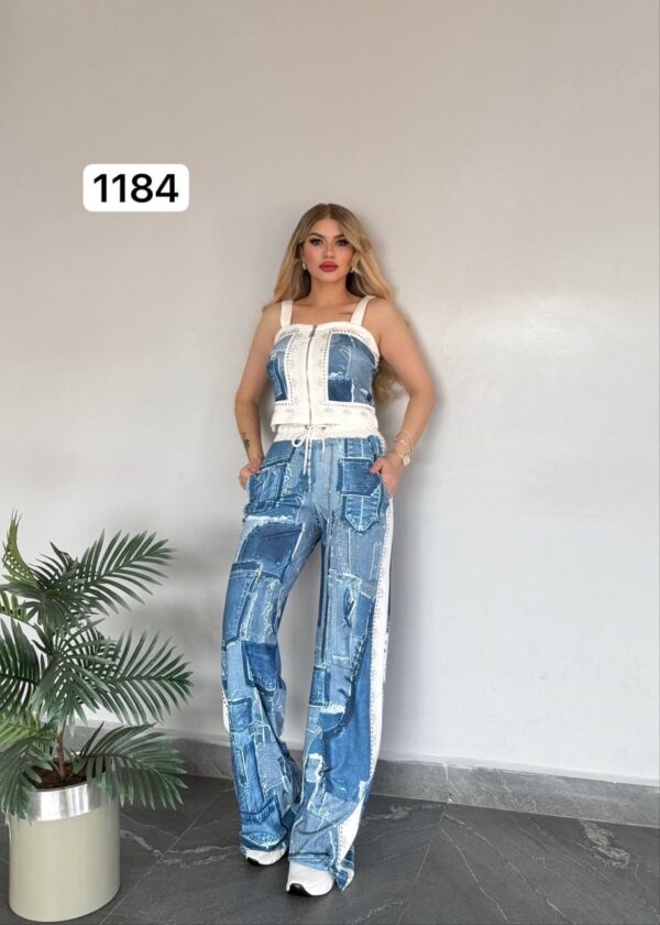Women's Denim Patchwork Two-Piece Set Crop Top Joggers