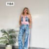 Women's Denim Patchwork Two-Piece Set Crop Top Joggers