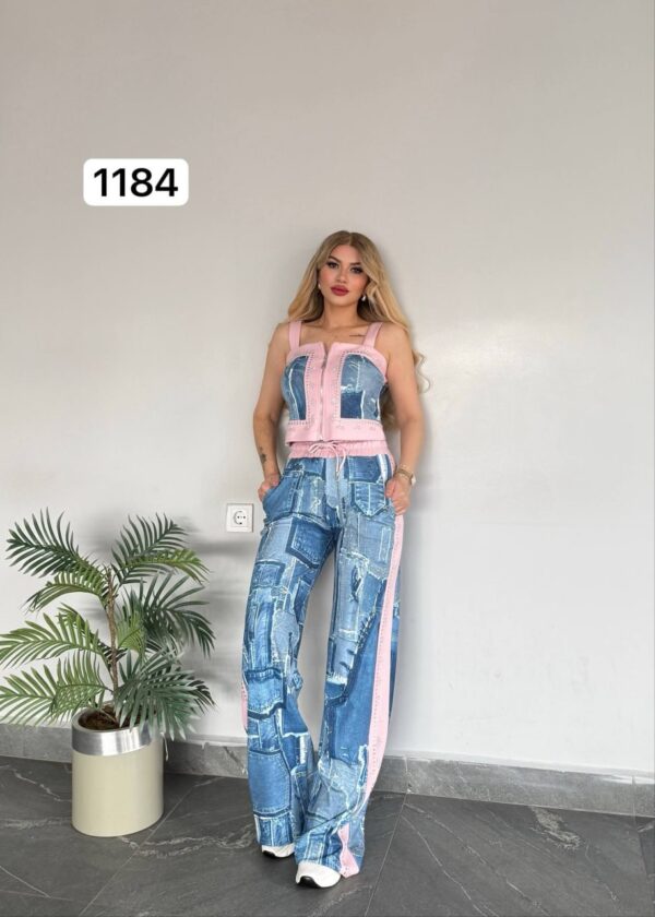 Women's Denim Patchwork Two-Piece Set Crop Top Joggers