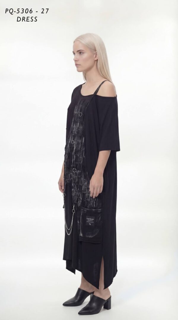 Avant-Garde Asymmetric Black Dress with Chain Detail