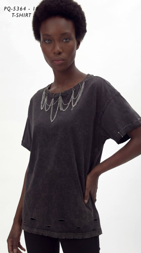 Women's Distressed Washed T-Shirt with Chain Detail
