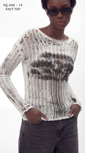 Women's Distressed Long Sleeve Abstract Knit Top