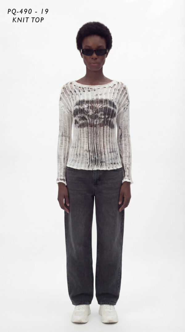 Women's Distressed Long Sleeve Abstract Knit Top