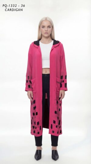 Long Hooded Pink Cardigan with Abstract Print