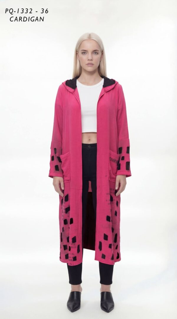 Long Hooded Pink Cardigan with Abstract Print