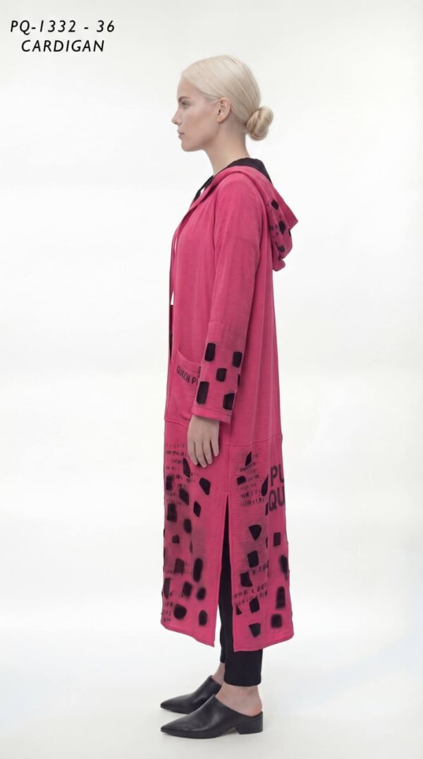 Long Hooded Pink Cardigan with Abstract Print