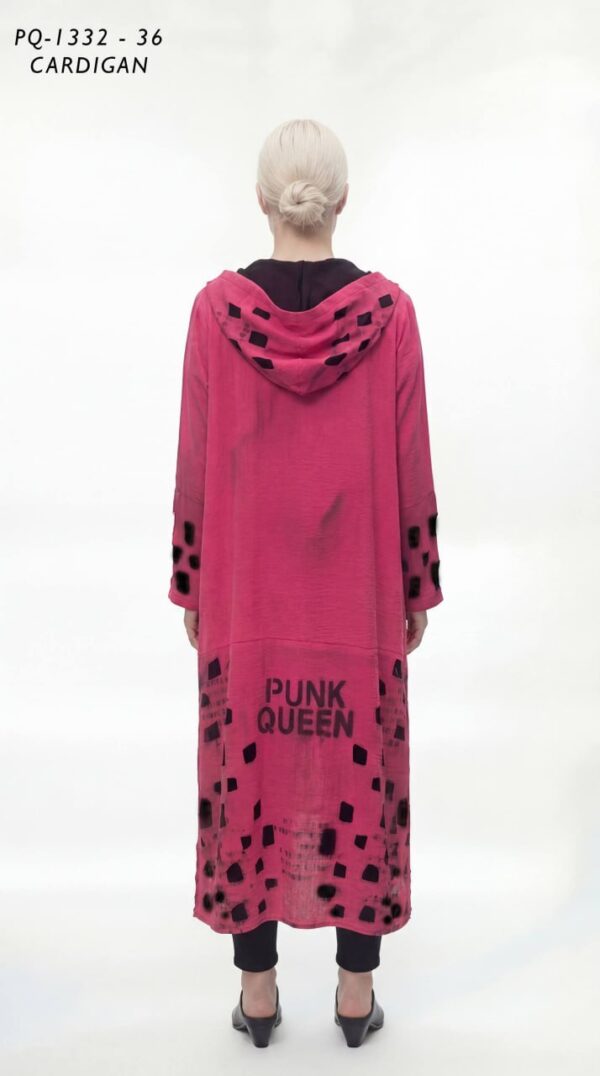 Long Hooded Pink Cardigan with Abstract Print