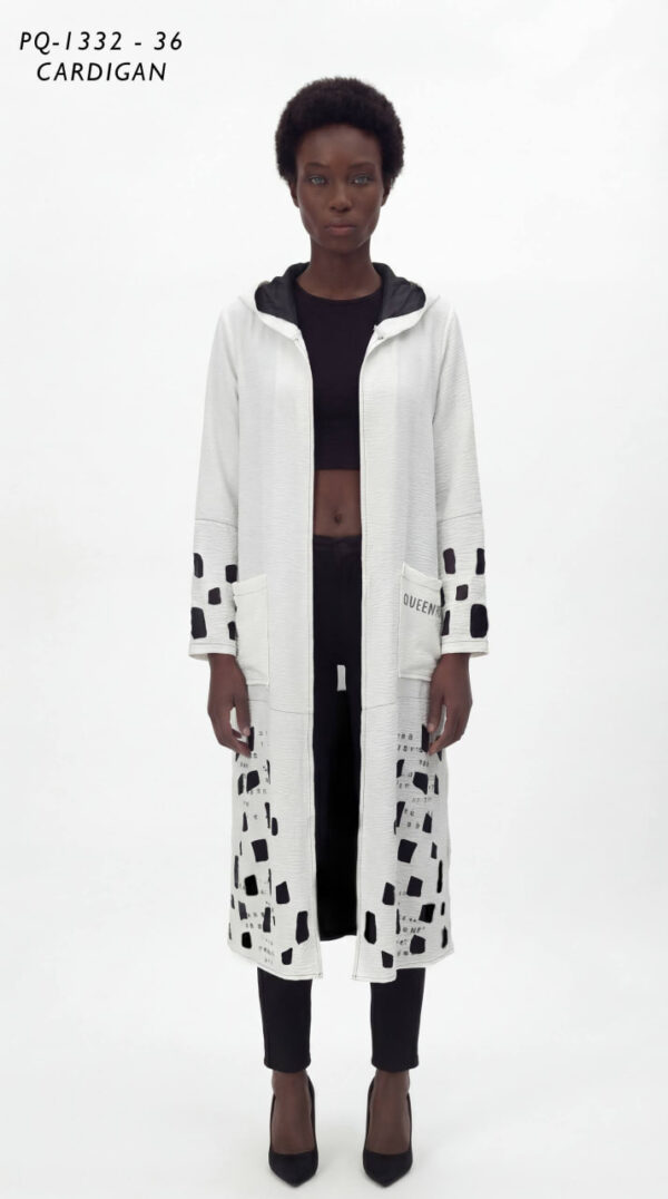 Long Hooded Pink Cardigan with Abstract Print