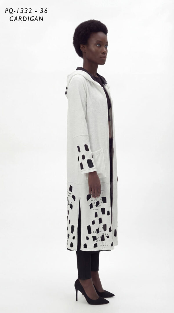 Long Hooded Pink Cardigan with Abstract Print