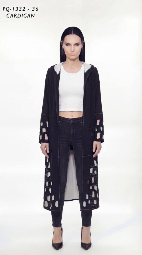 Long Hooded Pink Cardigan with Abstract Print