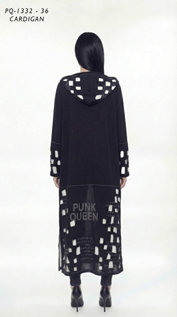 Long Hooded Pink Cardigan with Abstract Print