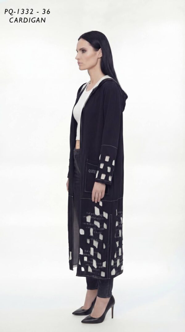 Long Hooded Pink Cardigan with Abstract Print