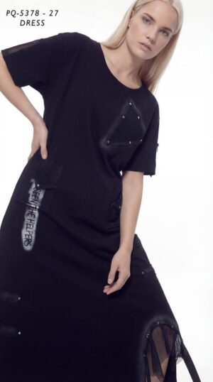 Urban Mesh Detail Casual Black Midi Dress