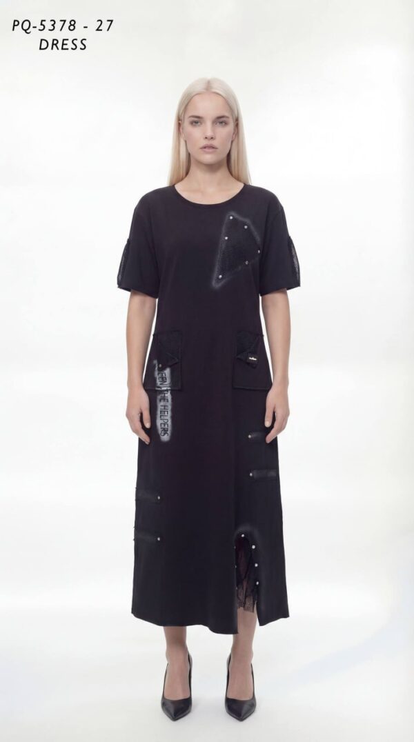 Urban Mesh Detail Casual Black Midi Dress