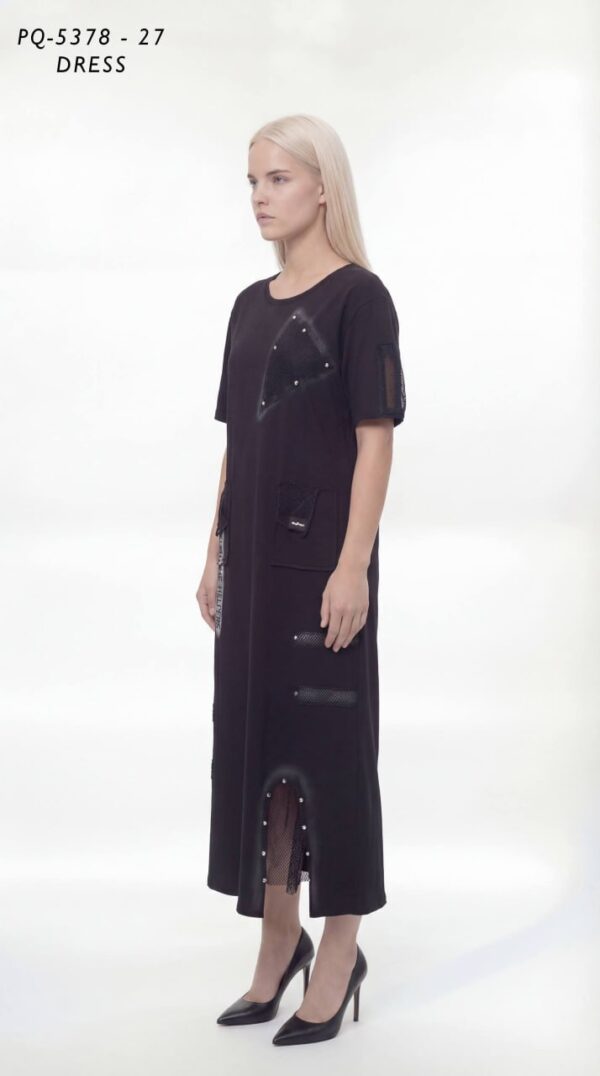 Urban Mesh Detail Casual Black Midi Dress