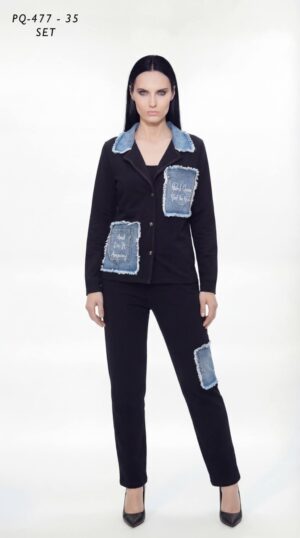 Women's Distressed Denim Patch Two-Piece Jacket Set