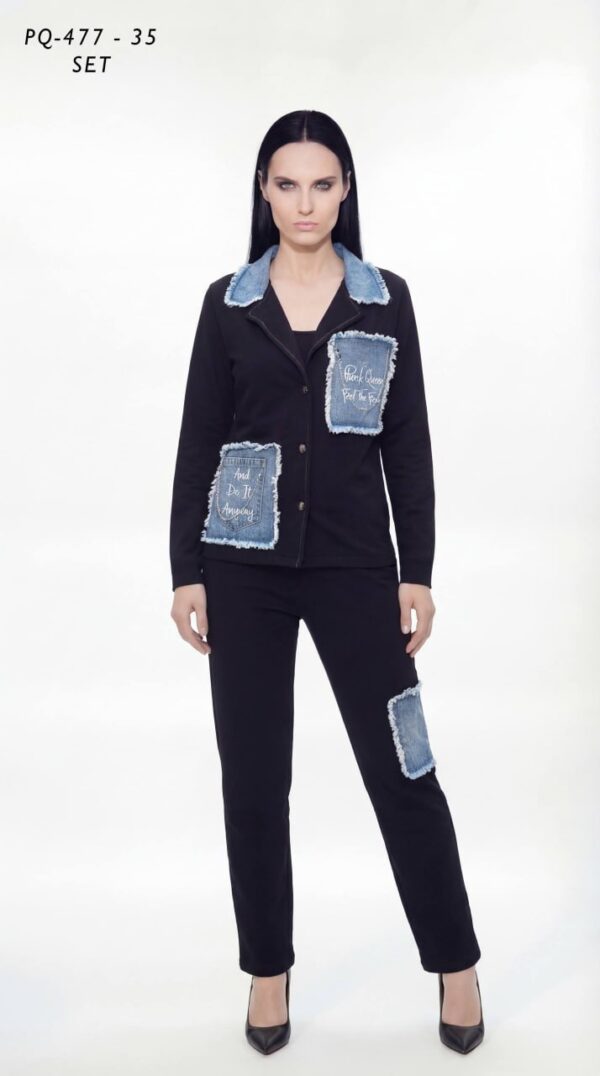 Women's Distressed Denim Patch Two-Piece Jacket Set