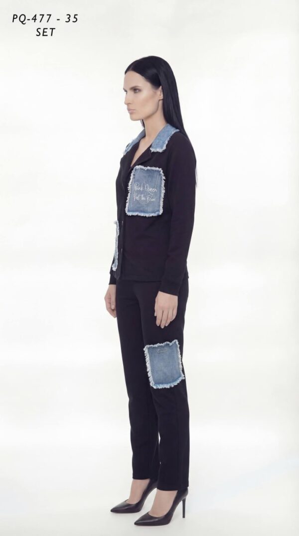 Women's Distressed Denim Patch Two-Piece Jacket Set