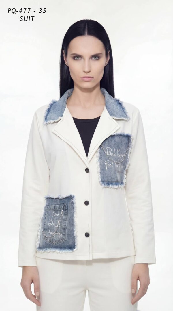 Women's Distressed Denim Patch Two-Piece Jacket Set