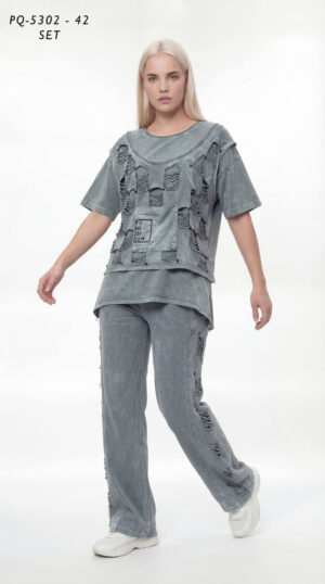 Women's Distressed Acid Wash Two-Piece Streetwear Set