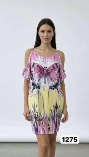 Butterfly Print Cold Shoulder Wholesale Tunic Dress