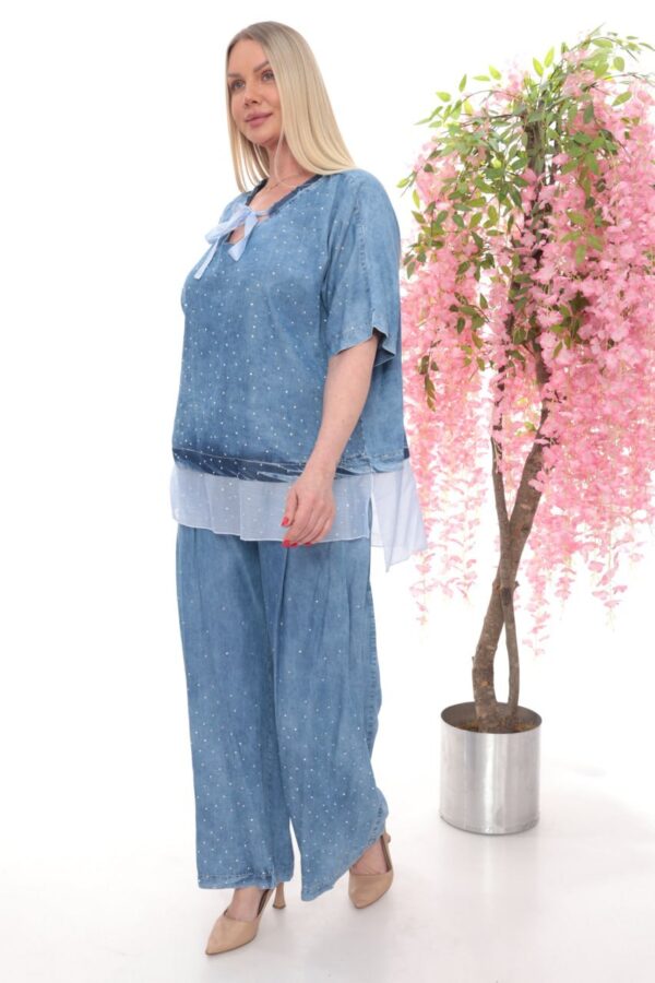 Crystal Studded Denim Two-Piece Palazzo Set