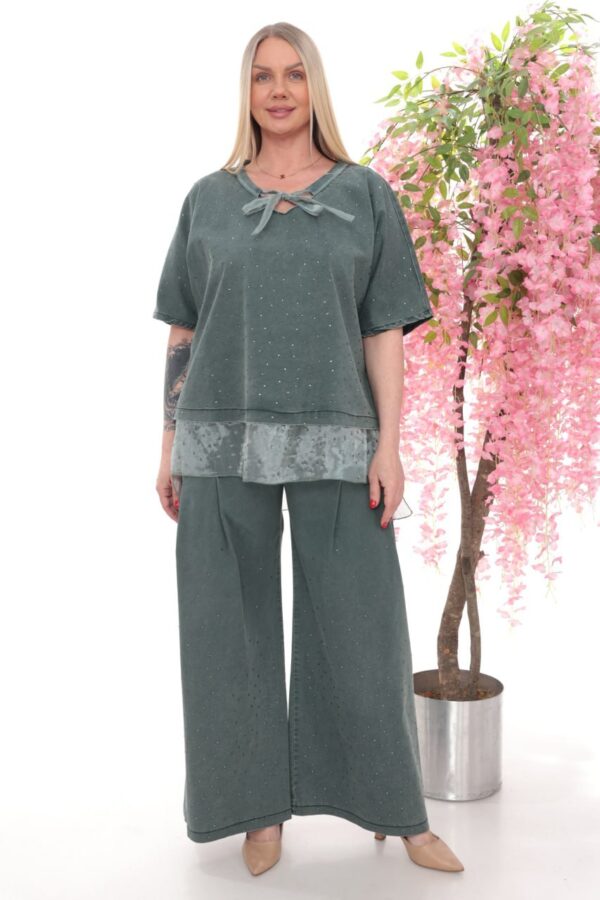 Crystal Studded Denim Two-Piece Palazzo Set