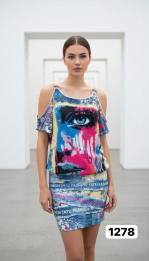 Graffiti Eye Print Cold-Shoulder Dress Set