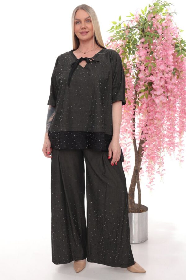 Crystal Studded Denim Two-Piece Palazzo Set