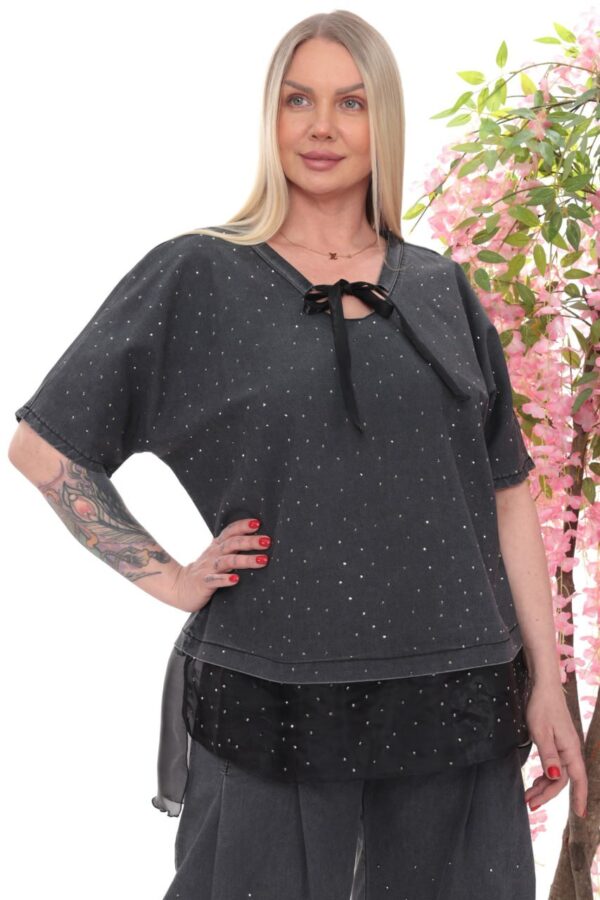 Crystal Studded Denim Two-Piece Palazzo Set