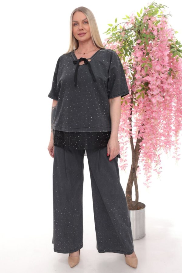 Crystal Studded Denim Two-Piece Palazzo Set