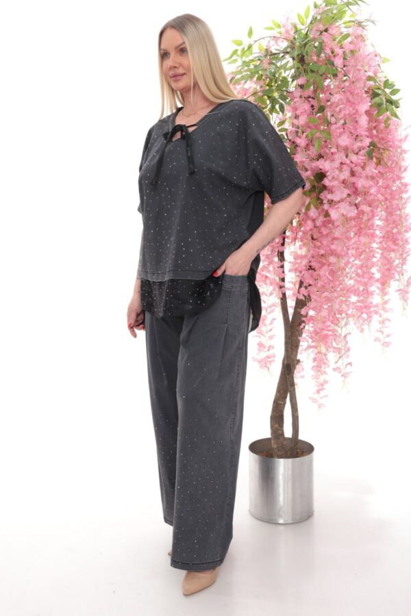 Crystal Studded Denim Two-Piece Palazzo Set