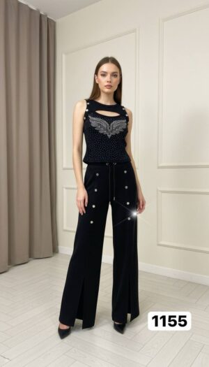 Embellished Wing Motif Top & Studded Wide-Leg Pant Set