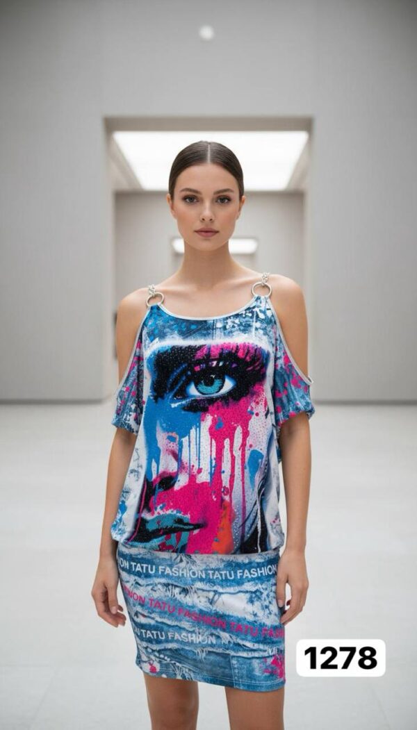 Graffiti Eye Print Cold-Shoulder Dress Set