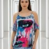 Graffiti Eye Print Cold-Shoulder Dress Set