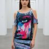 Graffiti Eye Print Cold-Shoulder Dress Set