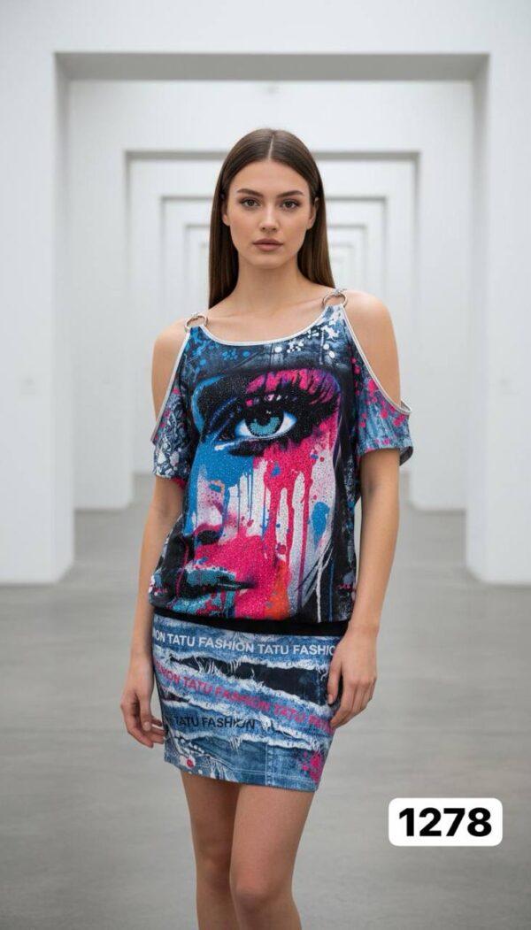 Graffiti Eye Print Cold-Shoulder Dress Set