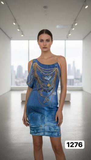 Wholesale Asymmetrical Denim & Chain Print Dress