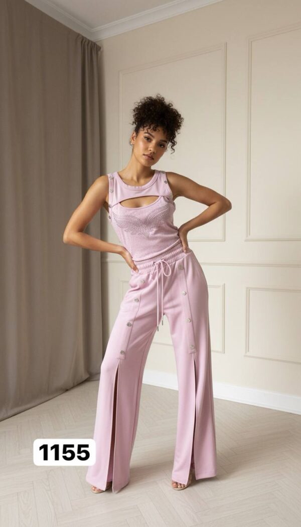 Embellished Wing Motif Top & Studded Wide-Leg Pant Set