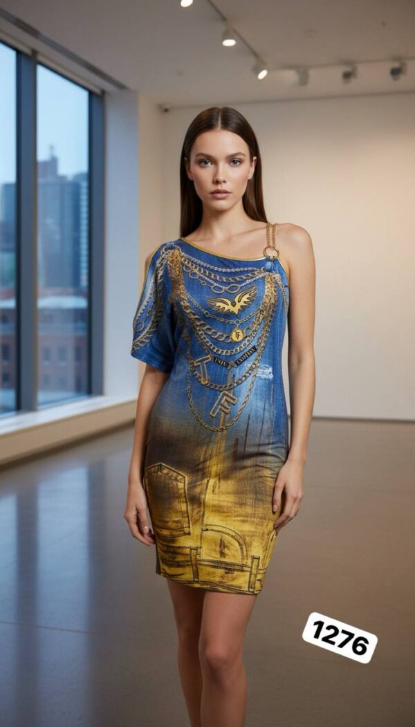 Wholesale Asymmetrical Denim & Chain Print Dress