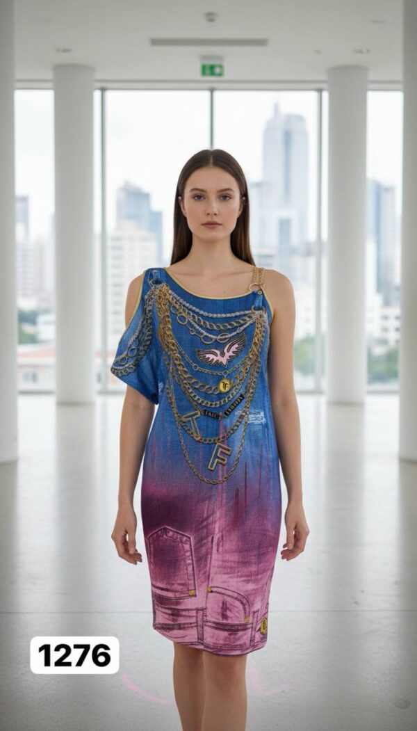 Wholesale Asymmetrical Denim & Chain Print Dress