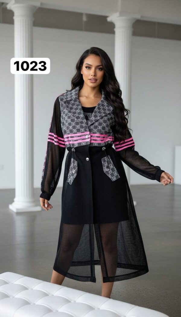 Monogram Print Mesh Duster with Sporty Stripes