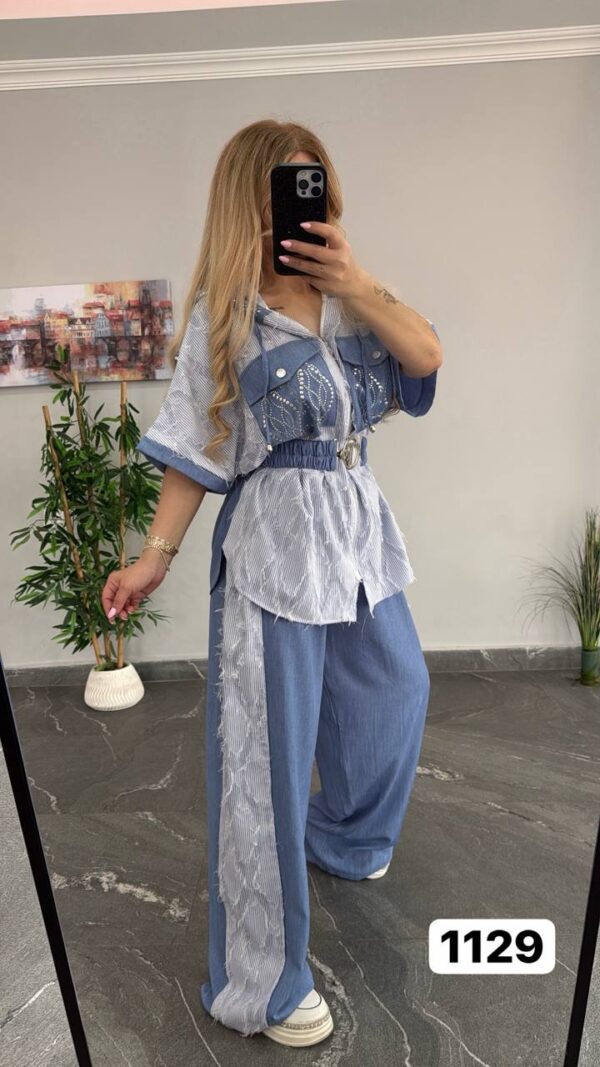 Embellished Denim & Stripe Two-Piece Set