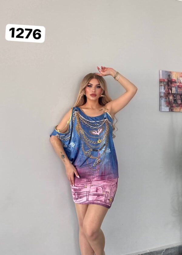 Wholesale Asymmetrical Denim & Chain Print Dress