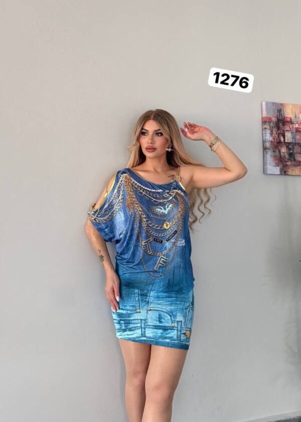 Wholesale Asymmetrical Denim & Chain Print Dress